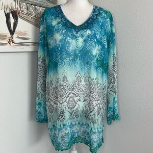 SUSAN GRAVER Womens Turquoise Purple Green Beaded Neckline V Neck Tunic Top | 1X